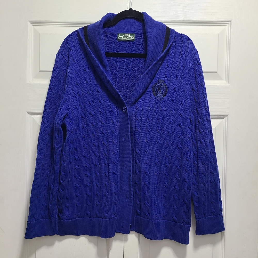 Lauren Ralph Lauren Vibrant Blue Cable Knit Cardigan Sweater XL‎